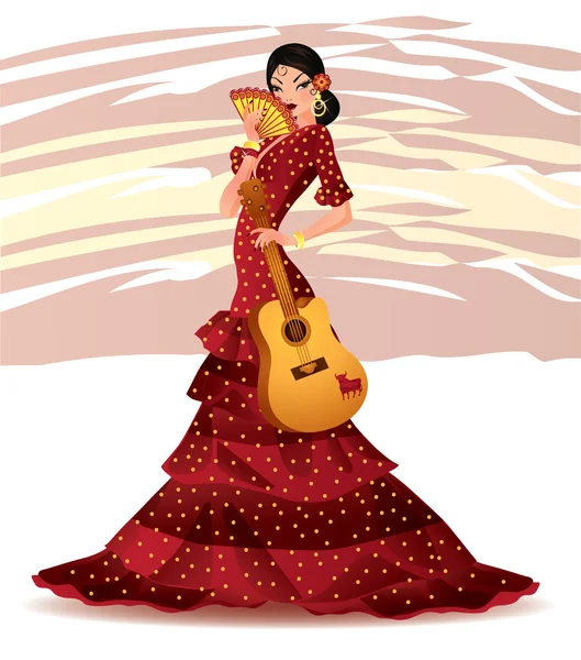 美丽的西班牙女孩与吉他，矢量图 — 图库矢量图片