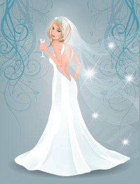 Beautiful bride with champagne, vector illustration clipart