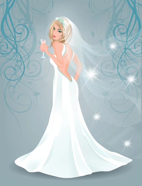 Mooie bruid met champagne, vectorillustratie — Stockvector