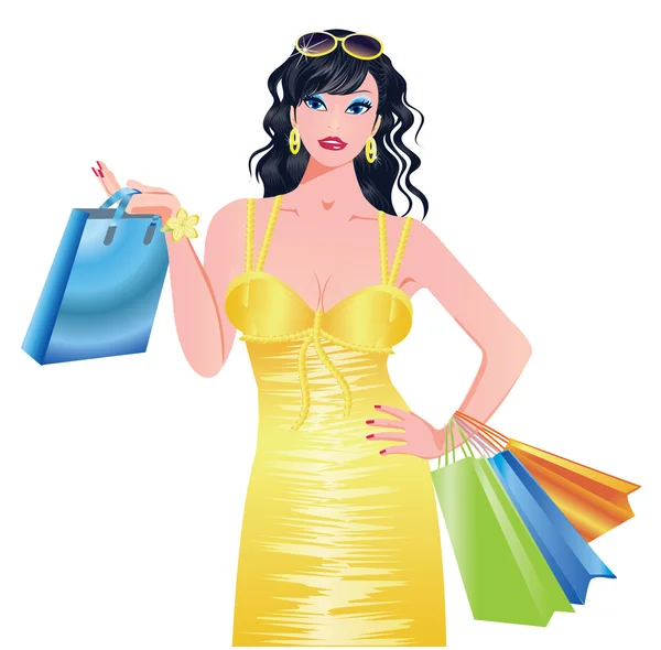 Beautiful summer shopping girl. vector illustration — Stock Vector