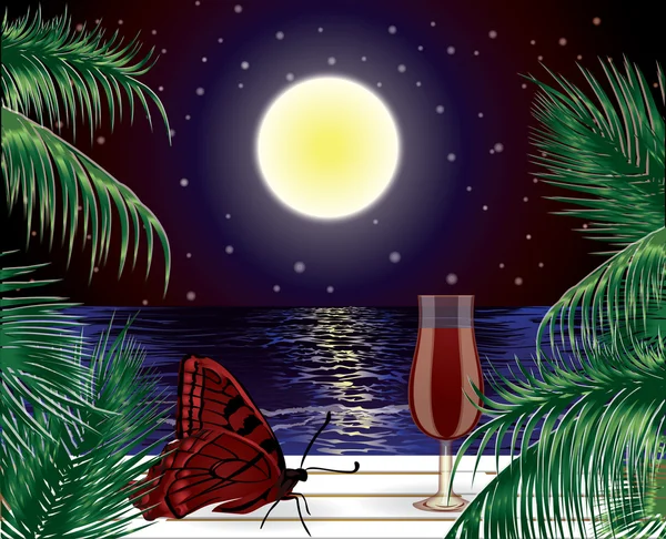 Noche de luna tropical, ilustración vectorial — Vector de stock