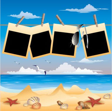 Summer beach background with photo frame, vector illustration clipart