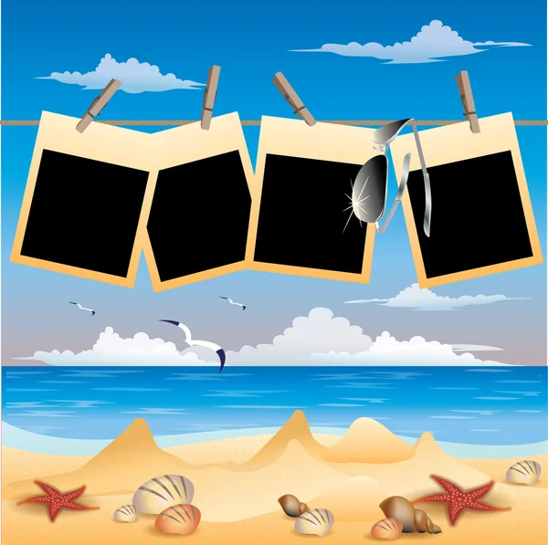 Zomer beach achtergrond met foto frame, vectorillustratie — Stockvector