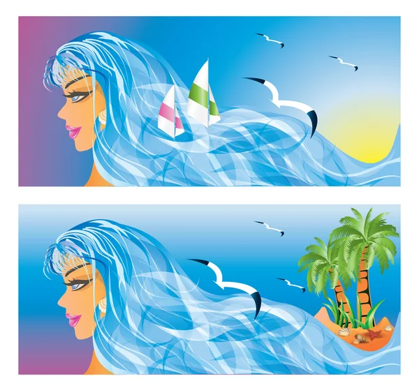 Δύο τροπικά πανό με θάλασσα-κορίτσι. εικονογράφηση φορέας — Διανυσματικό Αρχείο