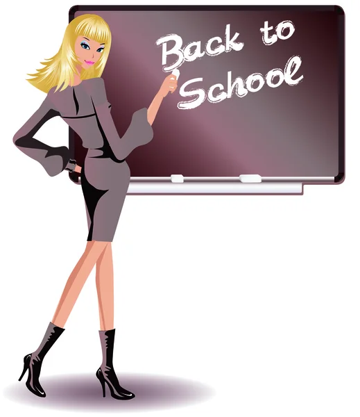 Menina mostrando um quadro negro com as palavras de volta para a escola, ilustratio vetor — Vetor de Stock