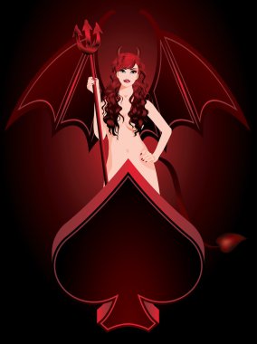 Beautiful Devil girl with trident and poker spade, vector clipart