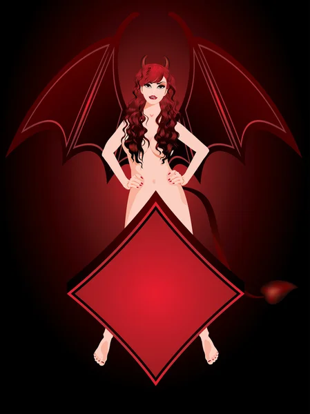 Hermosa chica del diablo y diamante de póquer, ilustración vecor — Vector de stock