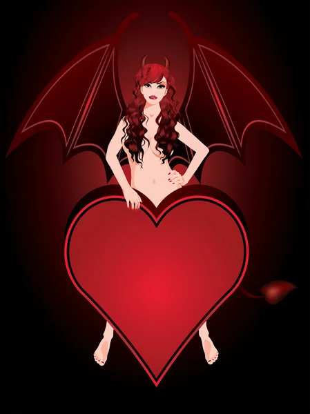 Hermosa chica del diablo y corazón de póquer, ilustración vecor — Vector de stock