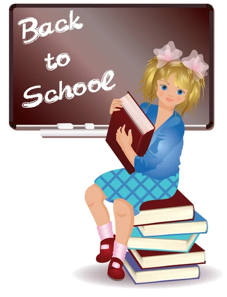Повернутися до школи. маленька дівчинка з книгою. Векторна ілюстрація — стоковий вектор