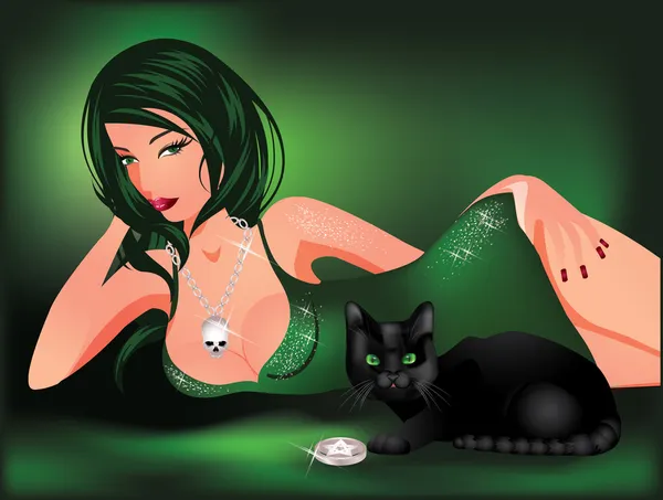 Hermosa chica sexy con un gato negro, vector de ilustración — Vector de stock
