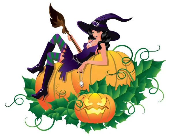 Sexy witch with pumpkin, vector illustration — Stock Vector