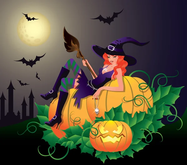 Halloween night card with sexy witch, vector illustration — Stock Vector