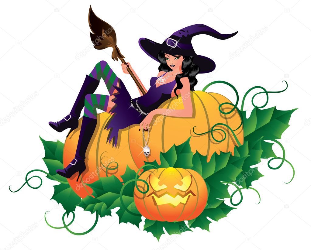Sexy witch with pumpkin, vector illustration