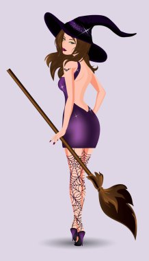 Sexy witch with broom, vector illustration clipart