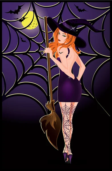 Halloween karta s krásnou čarodějnici, vektorové ilustrace — Stockový vektor