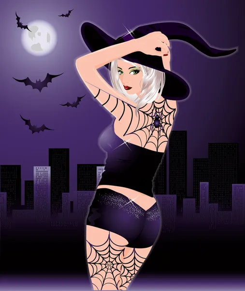 Сексуальная ведьма на Хэллоуин в городе, векторная иллюстрация — стоковый вектор
