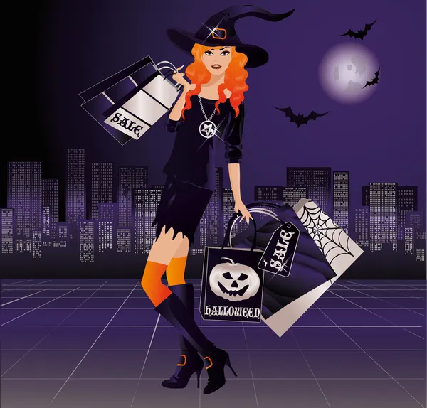 Halloween bruja de compras, vector de ilustración — Vector de stock