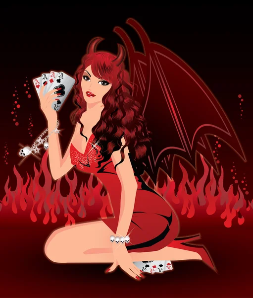 Bella donna sexy diavolo e carte da poker, illustrazione vettoriale — Vettoriale Stock