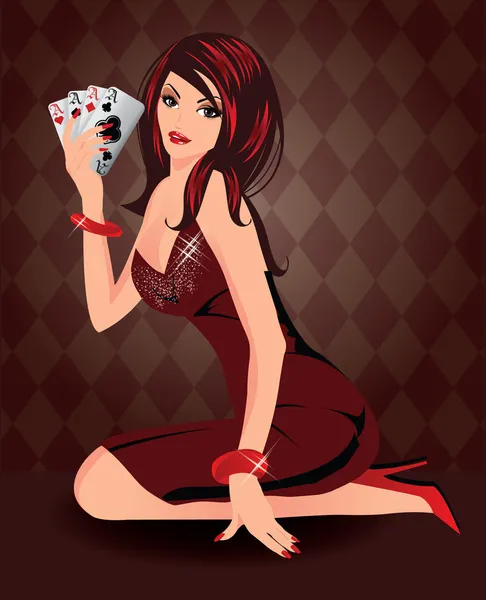 漂亮的女人和扑克牌，矢量图 — 图库矢量图片