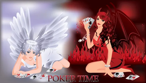 Tempo di poker banner. Angel e Devil giocano a poker. vettore — Vettoriale Stock