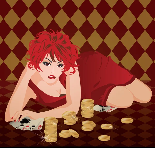 有矢量插画扑克牌的漂亮女孩 — 图库矢量图片