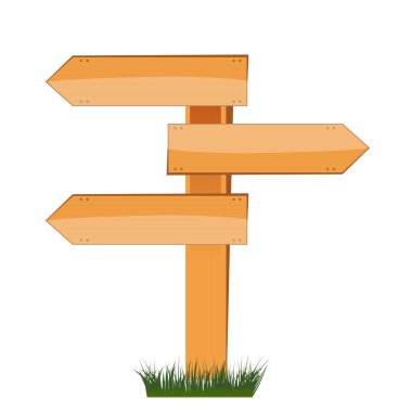 Three empty arrow sign made out of wood on a patch of grass. clipart