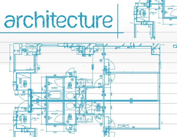 Αρχιτεκτονικά σχεδιαγράμματα πέρα από ένα μπλε υπόβαθρο — Φωτογραφία Αρχείου