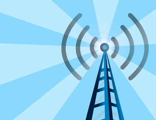 青色の光の光線を持つ無線技術タワー背景 — ストック写真