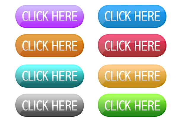 Haga clic aquí botón web en diferentes colores aislados sobre un fondo blanco . — Foto de Stock
