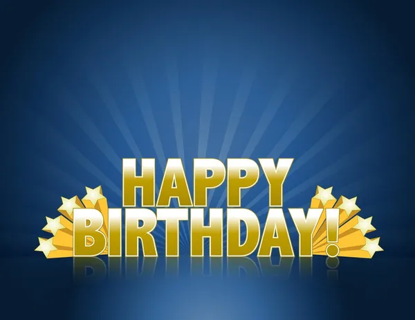 Happy birthday logo sign with golden stars ans rays of light. — Stock Photo, Image