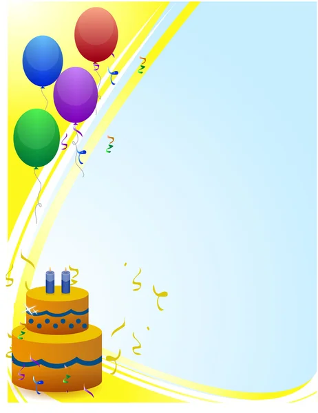 Tarjeta de cumpleaños feliz con globos rayos de luz y pastel de cumpleaños —  Fotos de Stock