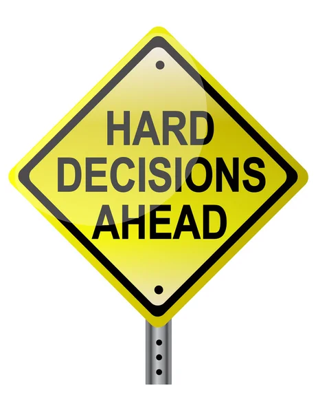 Hard decisions ahead yellow street sign over a white background fil — Stockfoto