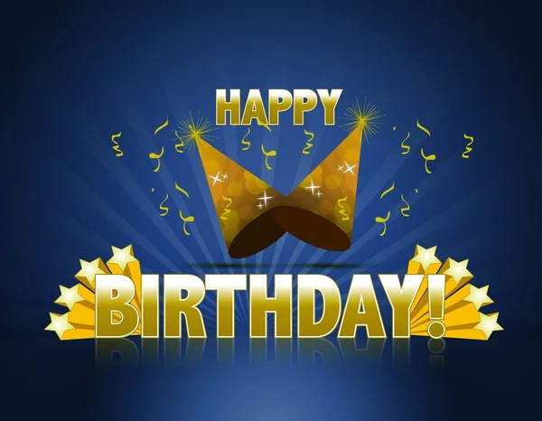 Feliz cumpleaños logotipo con estrellas doradas y rayos de luz y sombreros de fiesta — Foto de Stock