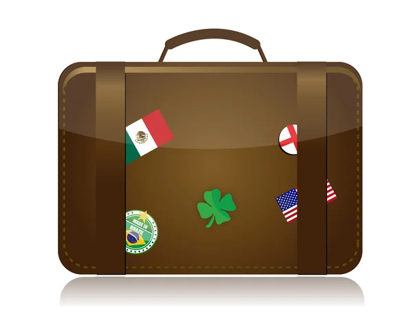 棕色旅行行李与不同标志和贴纸。白上孤立 — 图库照片