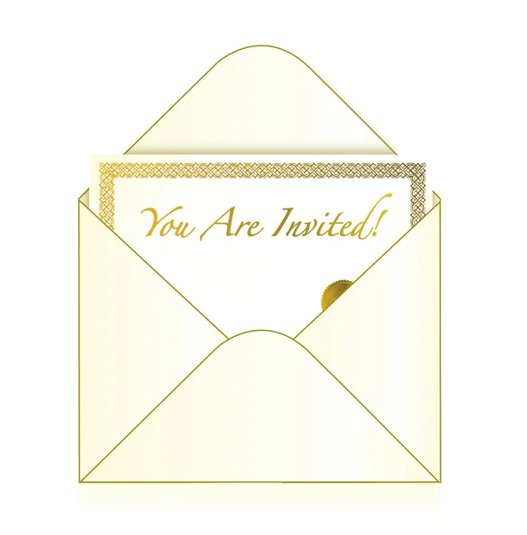 Envelop en gouden uitnodiging geïsoleerd op een witte achtergrond — Stockfoto