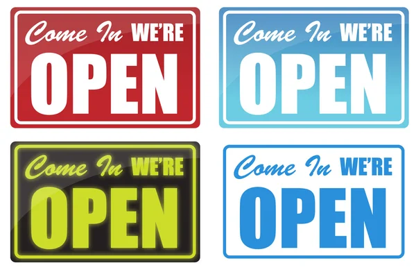 Various Come In We're Open sign. neon, blue, red. — Stock Photo, Image