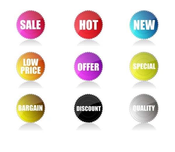 Glansigt försäljning tag klistermärken med reflektion och olika säljargument. — Stockfoto