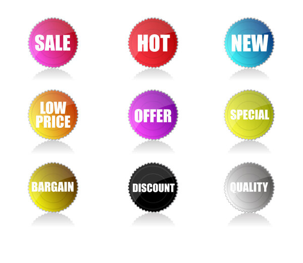 Glossy sale tag stickers with reflection and various sales pitch.