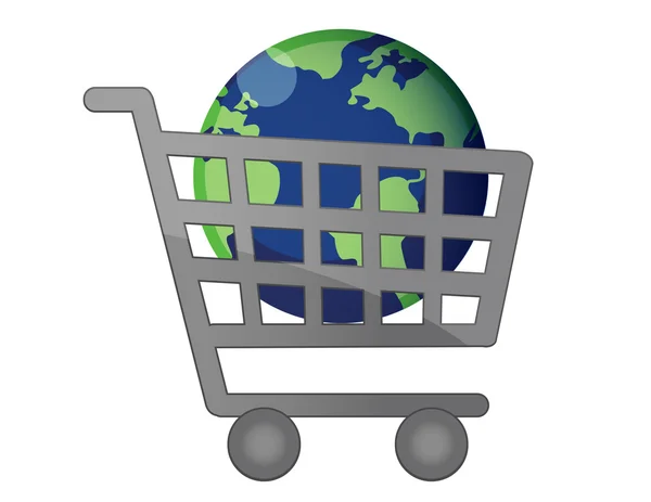 Um mundo globo ícones dentro de um carrinho de compras isolado sobre um fundo branco — Fotografia de Stock