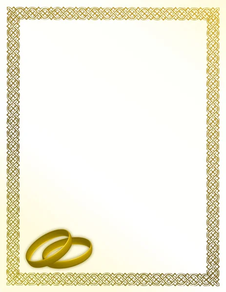 Karta biały ślub z miłości, pierścienie i złote obrzeże. — Zdjęcie stockowe