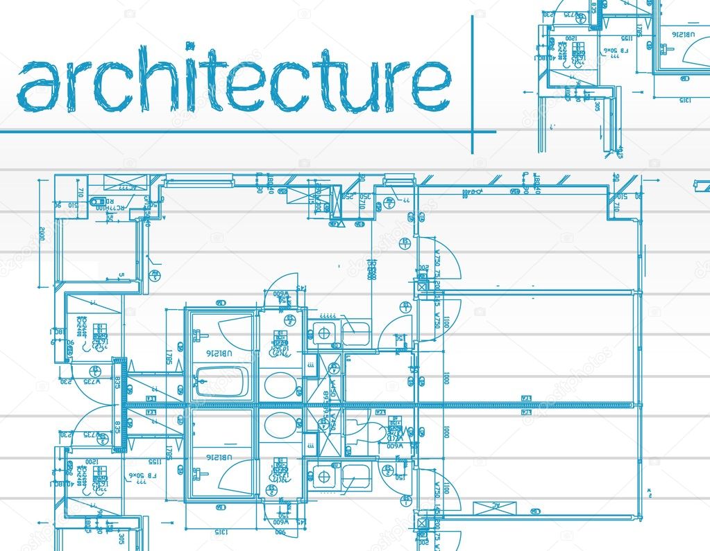 Architectural blueprints over a blue background