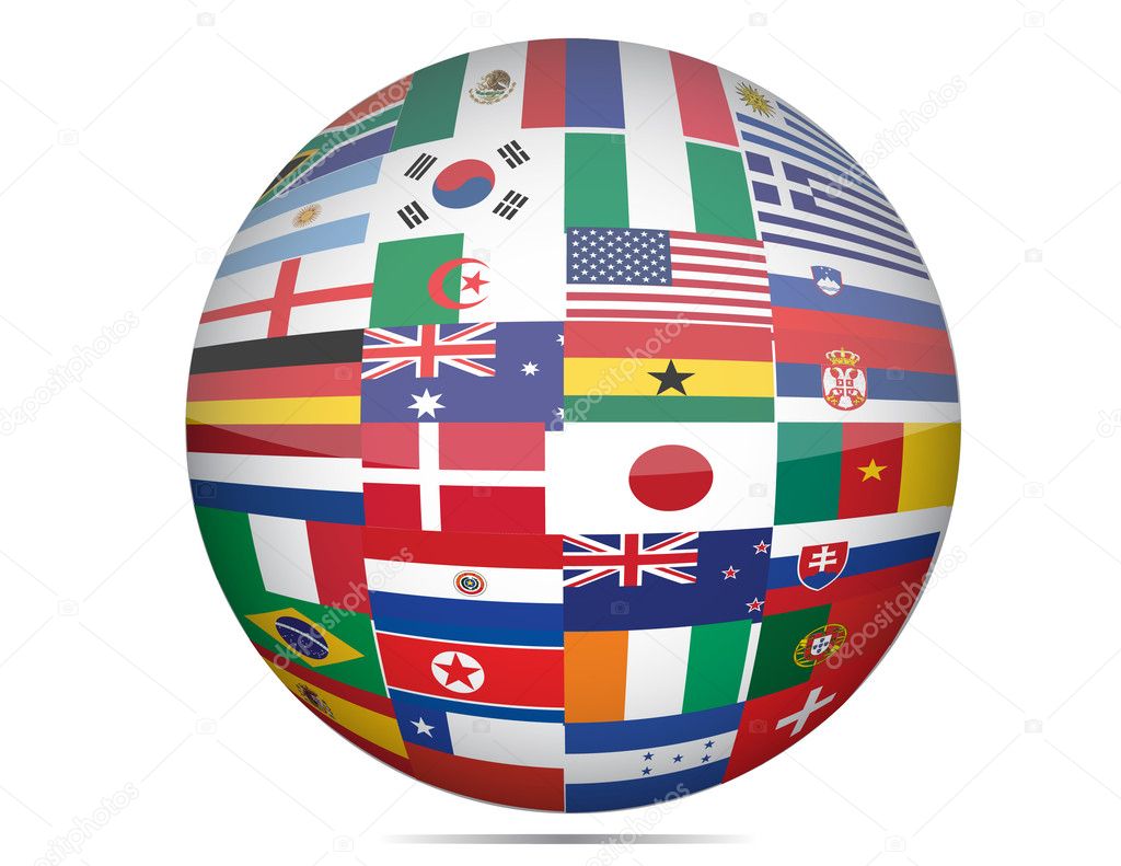 Flags of the world in globe format over a white background.