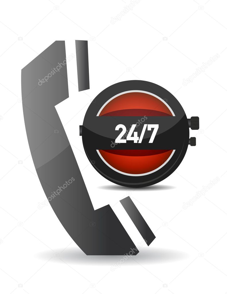 Illustration showing a phone icon over a clock, to symbolize a 24-hour serv