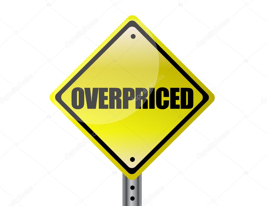 Detail yellow overpriced warning sign isolated over white