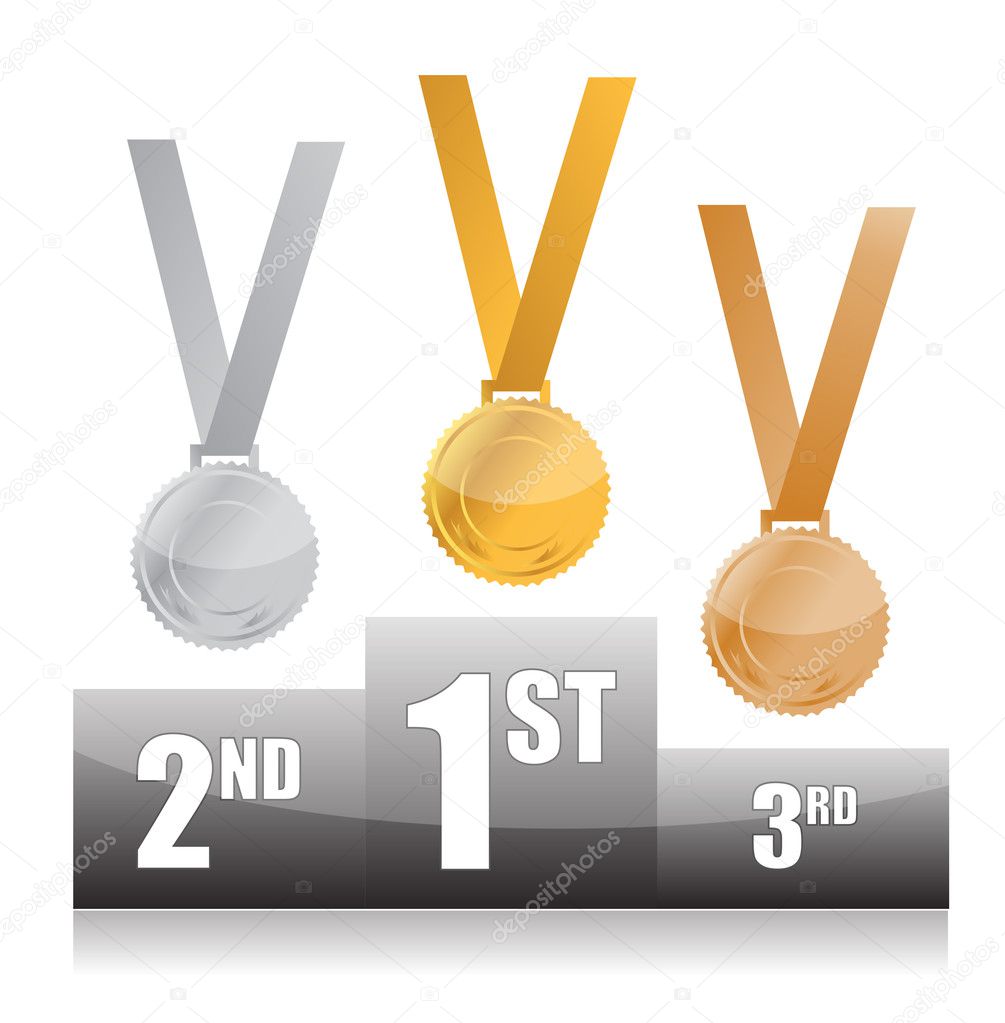 Podium with gold, silver and bronze medals