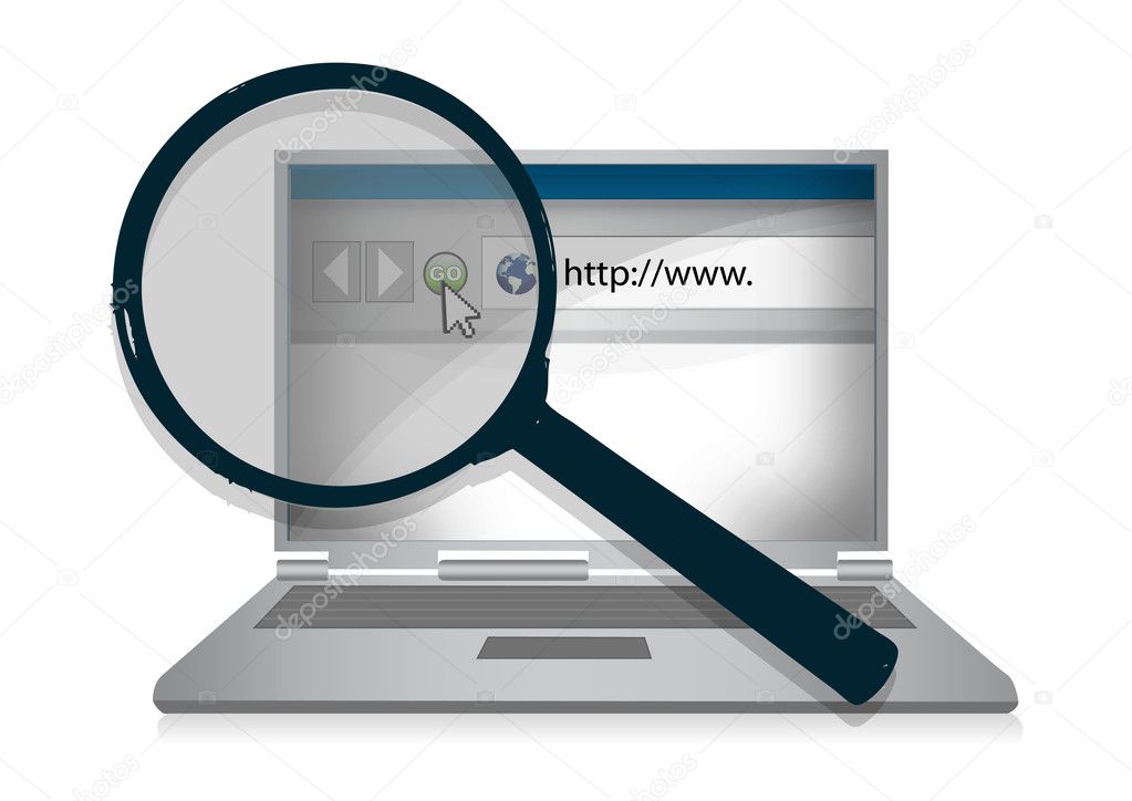 Laptop computer illustration and a magnifying glass in front of it to repre