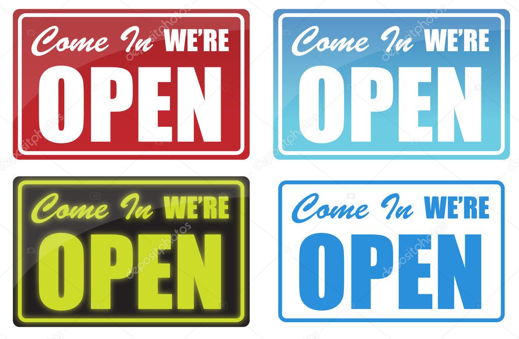 Various Come In We're Open sign. neon, blue, red.