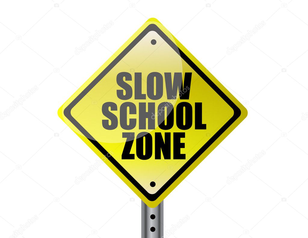 Slow school zone yellow warning street sign over white background.