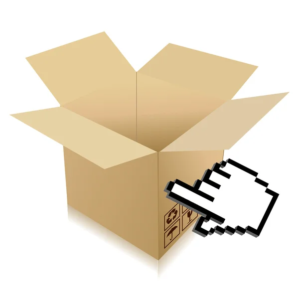Hand Cursor and shipping box illustration over white — Stock Photo, Image