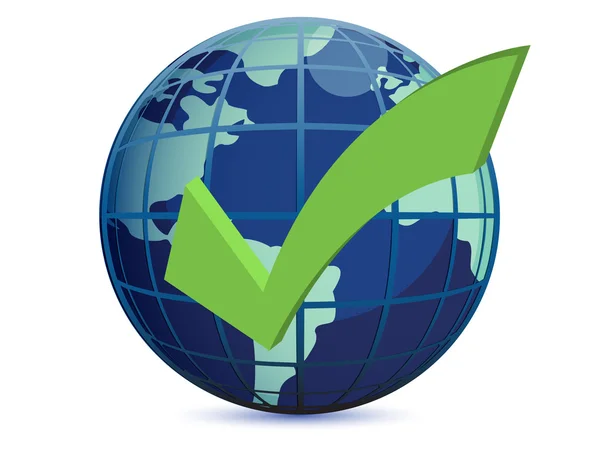 World globe and checkmark over a white background — Stock Photo, Image